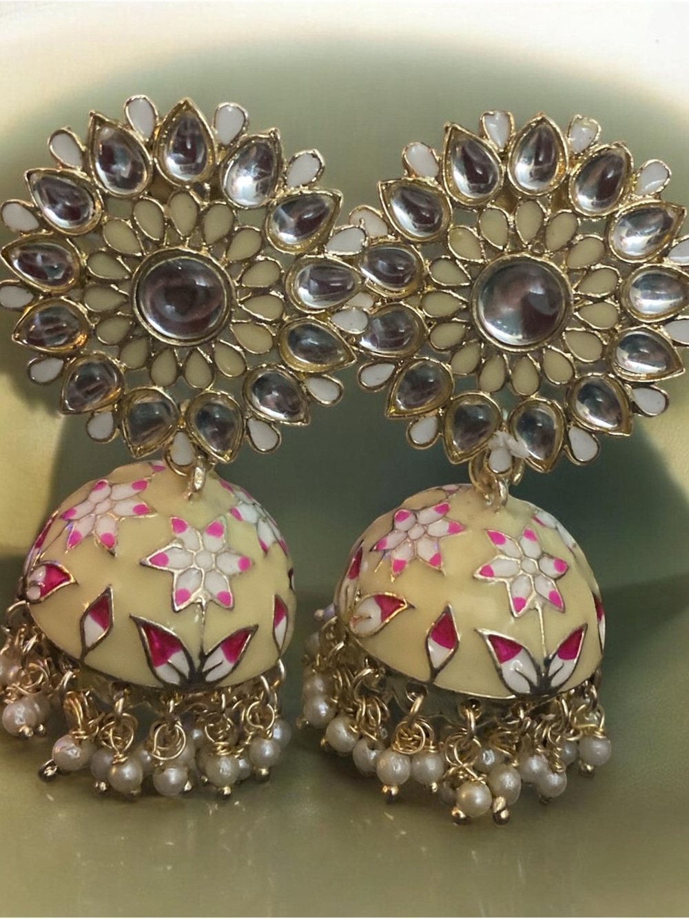 Handcrafted Gold-Tone Floral Jhumka Earrings with Cream and Pink Enamel